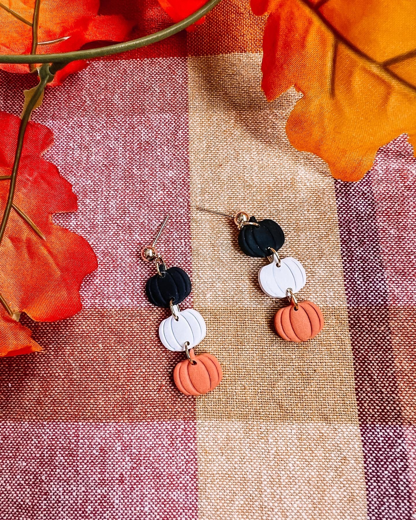 Pumpkin Trio Earrings - Black, White, Orange