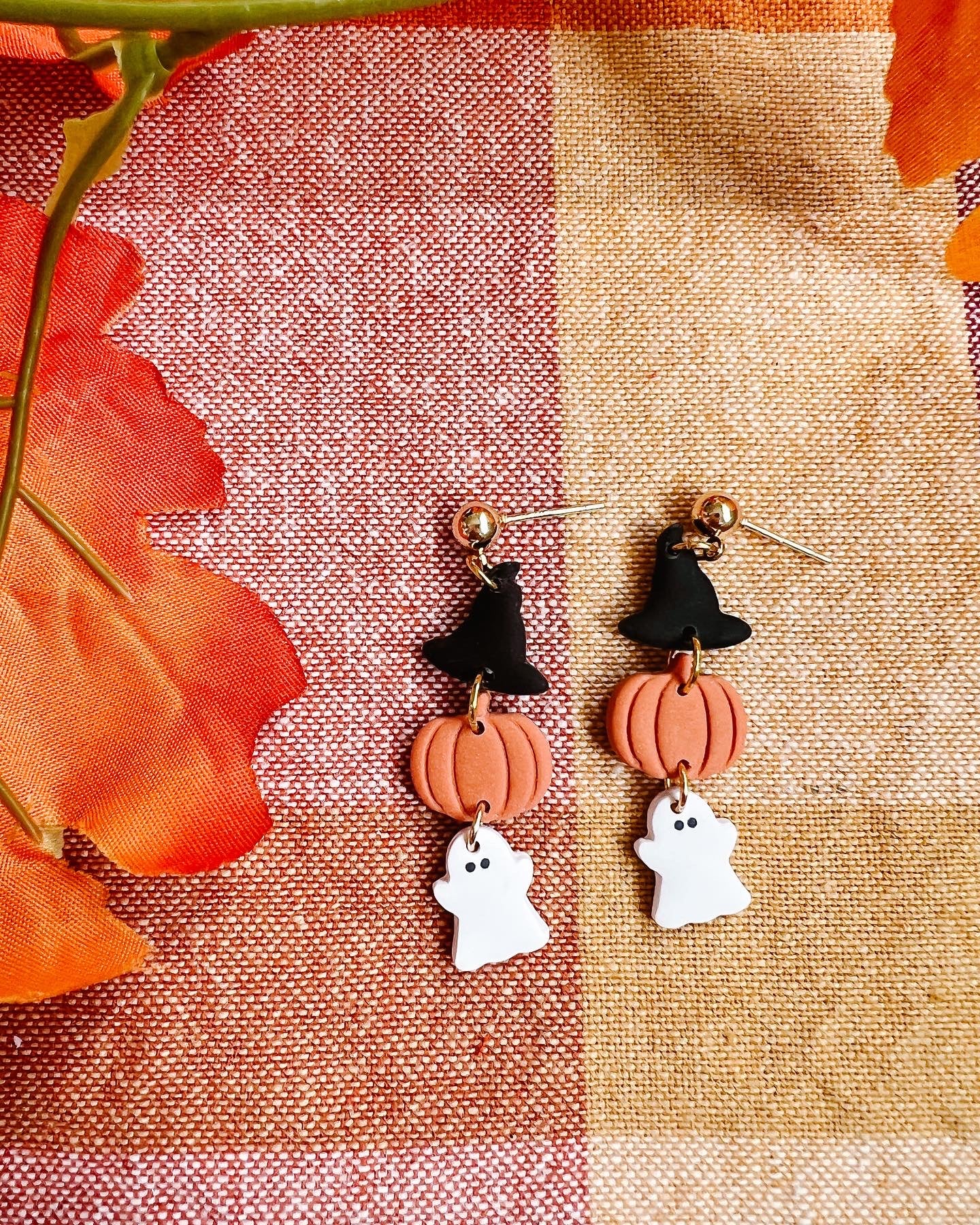 Witch hat, pumpkin, and ghost trio dangle